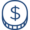 A simple blue icon showing the outline of a coin against a white background.