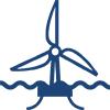A blue illustration showing the outline of a floating wind turbine against a white background.